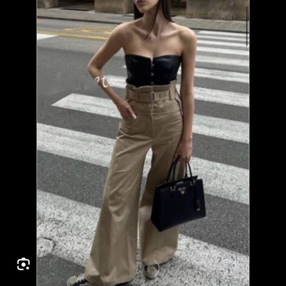 Zara Wide Leg Belted Full Length Gabardine Pants Khaki - Picture 7 of 11